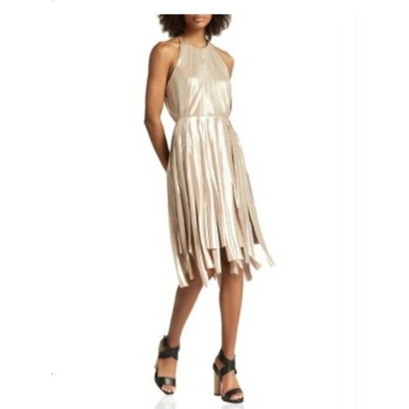 Halston Heritage Dresses & Skirts - Halston Heritage Halter Dress Womens XS Gold Metallic Fringe Strips Cocktail NWT